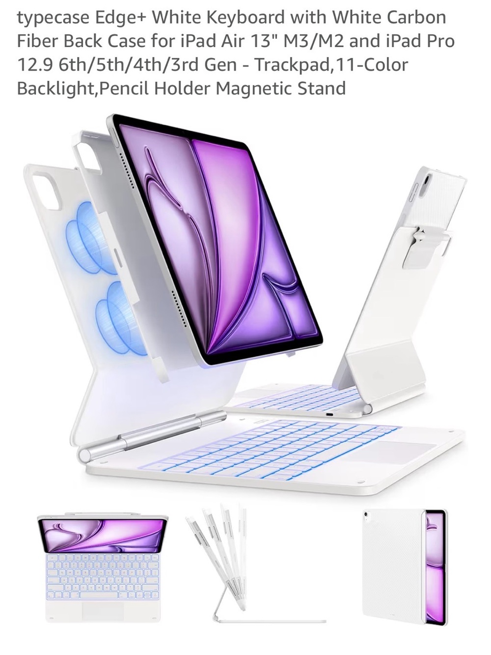 White Magnetic Tablet Keyboard Case with Backlit Trackpad and Adjustable Stand